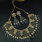 Gold Plated Bridal Necklace Set with Beautiful Stones and Pearl Accents - "Grey"