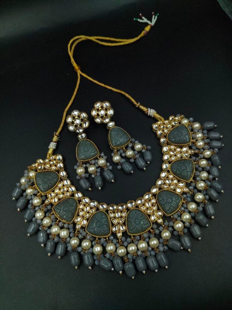 Bulk 612 Gold Plated Bridal Necklace Set with Beautiful Stones and Pearl Accents - "Grey"