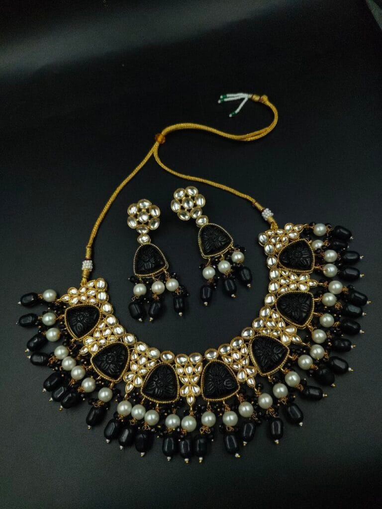 Bulk 614 Gold Plated Bridal Necklace Set with Beautiful Stones and Pearl Accents - "Black"