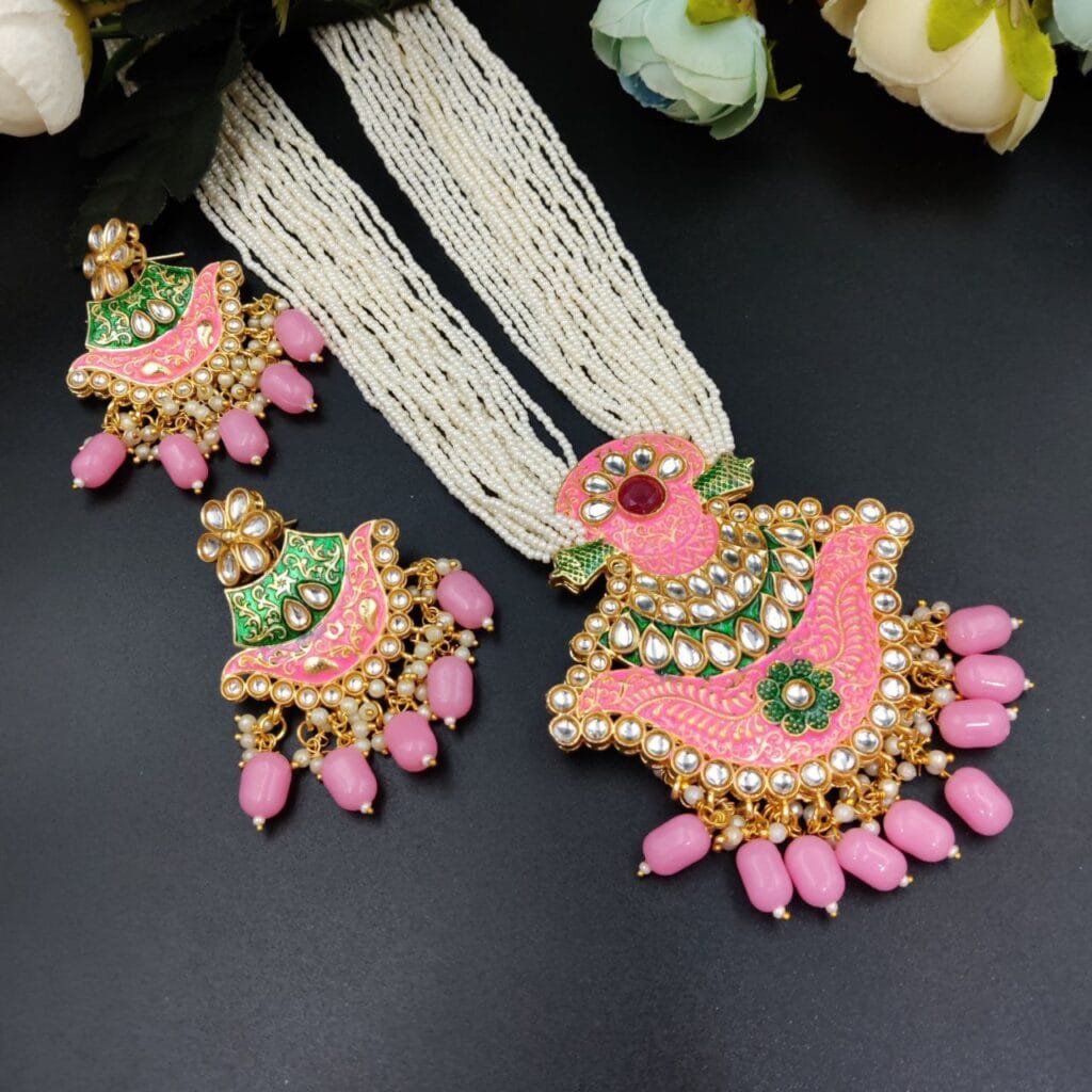 Bulk 610 Elegant Long Necklace with Kundan Meena Best Stones & Pearls – Ethnic Jewelry Set - "Baby Pink"