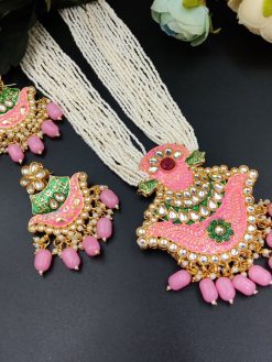 Elegant ethnic long necklace with Kundan Meena, stones, and pearls.