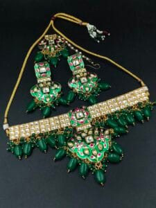 Handcrafted Best Traditional Choker Necklace – Kundan Meena with Pearl Detailing - color: "Green"
