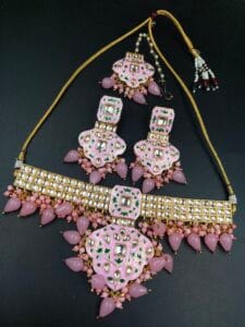 Handcrafted Best Traditional Choker Necklace – Kundan Meena with Pearl Detailing - color: "Baby Pink"