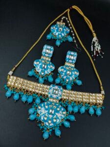 Handcrafted Best Traditional Choker Necklace – Kundan Meena with Pearl Detailing - color: "Aqua"