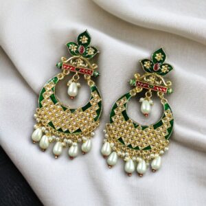 Gold Plated Lotus Chandbali Earrings | Best Wedding Special Jewellery Collection - Color: "Green"