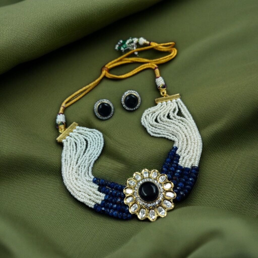 Bulk 602 Stylish Best Flower Design Stone Necklace – Party Wear Statement Jewelry - "Blue"