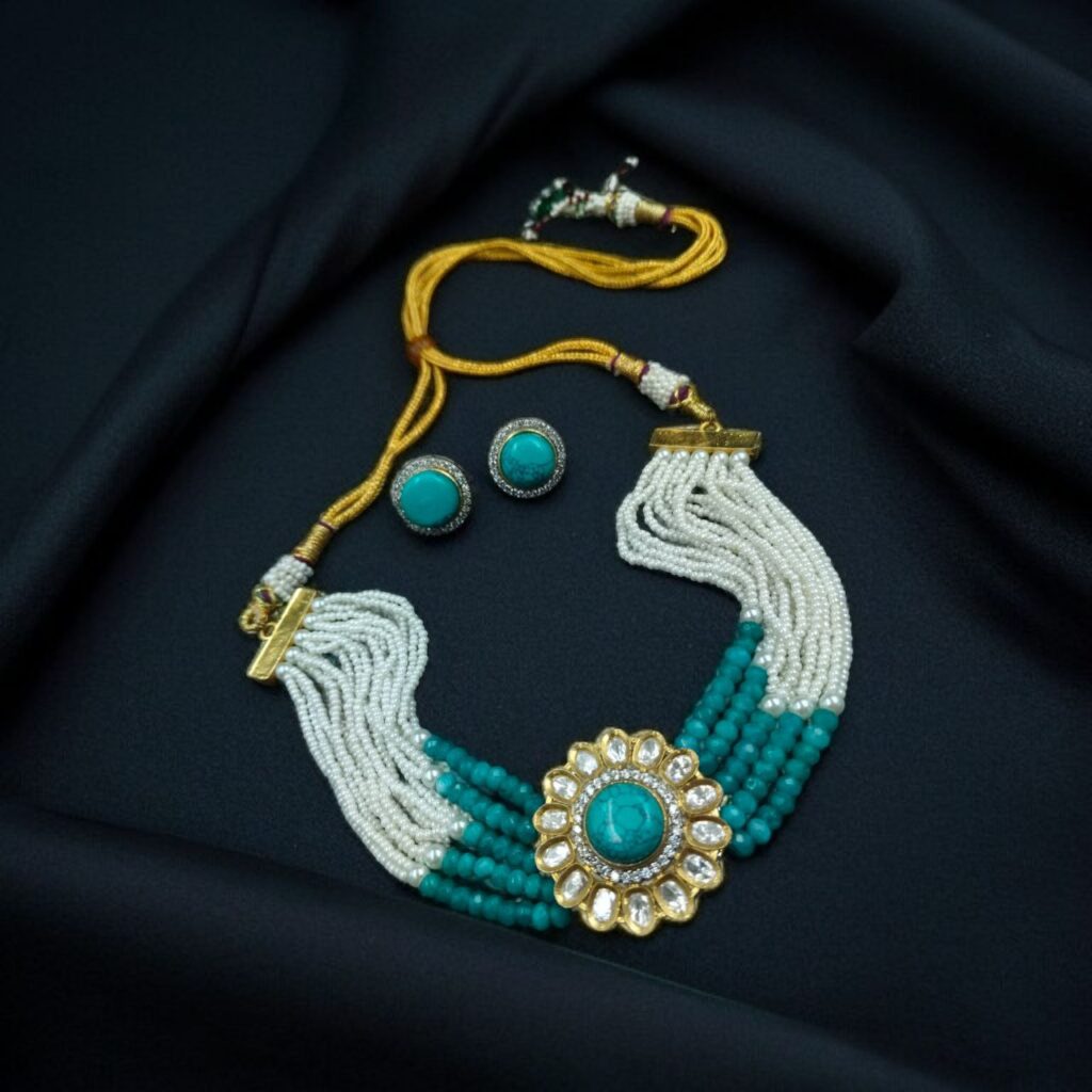 Bulk 604 Stylish Best Flower Design Stone Necklace – Party Wear Statement Jewelry - "Aqua"