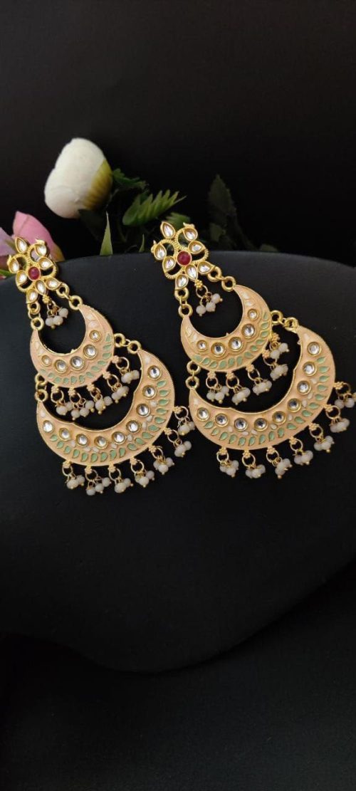 Elegant pearl Meenakaari Chandbali earrings for wedding celebrations.