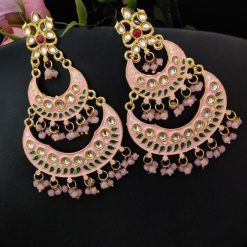 Elegant pearl Meenakaari Chandbali earrings for wedding celebrations.