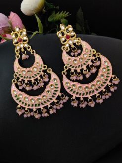 Elegant pearl Meenakaari Chandbali earrings for wedding celebrations.