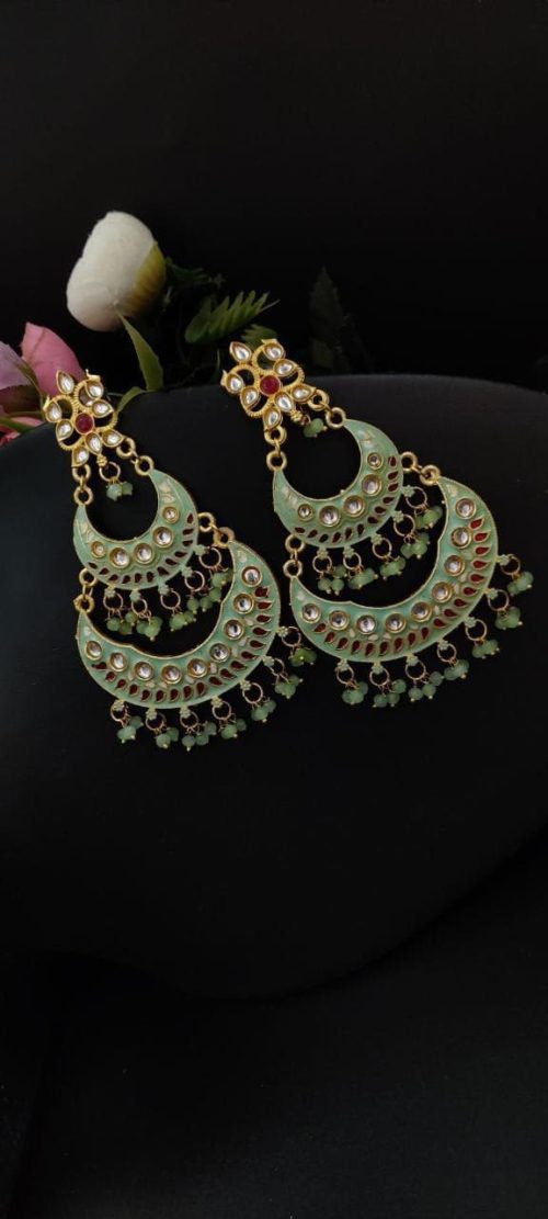 Elegant pearl Meenakaari Chandbali earrings for wedding celebrations.