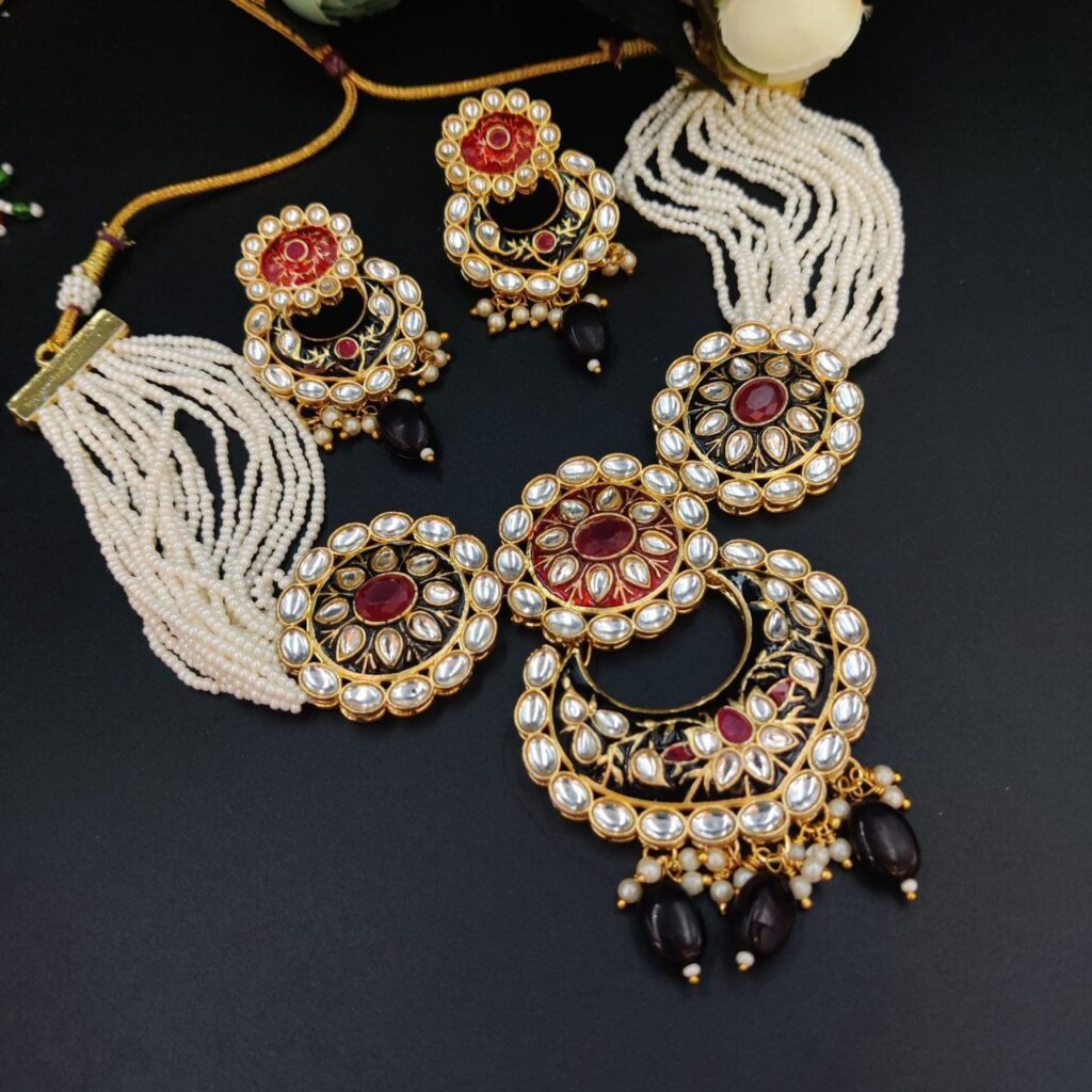 Bulk 584 Meenakaari Bridal Necklace Set – Pearl & Stone Handmade Best Jewelry for Celebrations - "Black"