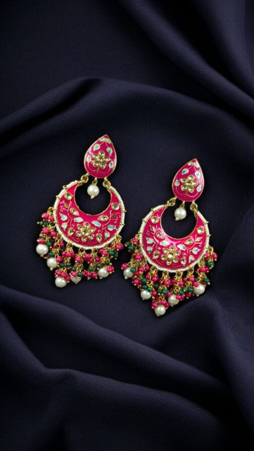 Gold Plated Hand Painted Chandbali Earrings | Designer Long Dangler Jewellery - Image 9