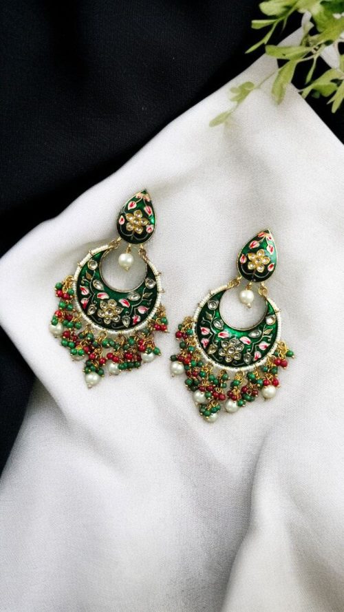 Gold Plated Hand Painted Chandbali Earrings | Designer Long Dangler Jewellery - Image 8