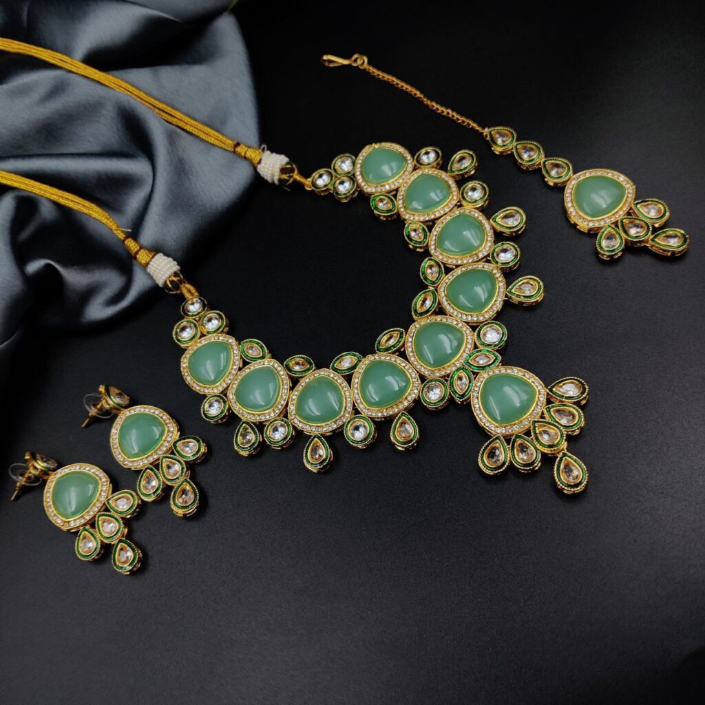 Bulk 1280 Handcrafted Beautiful Monalisa Stone Necklace with Traditional Kundan Meena Work - "Mint"
