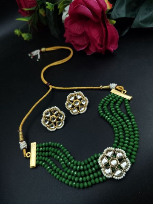 Flower Stone Kundan Meena Necklace for Ethnic Wear