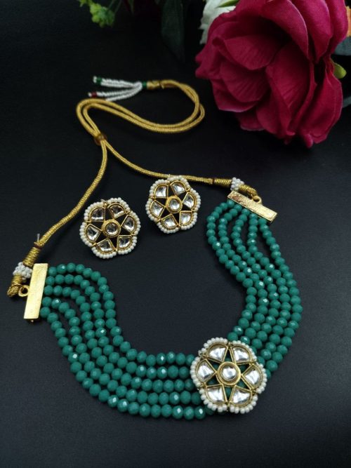 Flower Stone Kundan Meena Necklace for Ethnic Wear