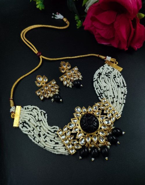 Traditional Flower Necklace with Kundan Meena, Stone, and Pearl