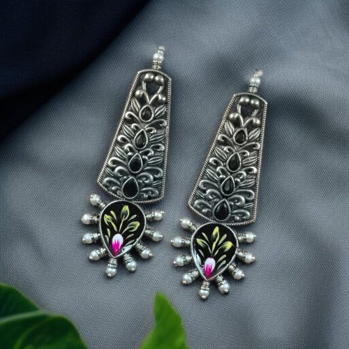 Jaipuri Hand-Painted Floral Earrings with Silver Look and Pearl