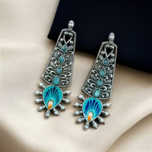 Jaipuri Hand-Painted Floral Earrings with Silver Look and Pearl