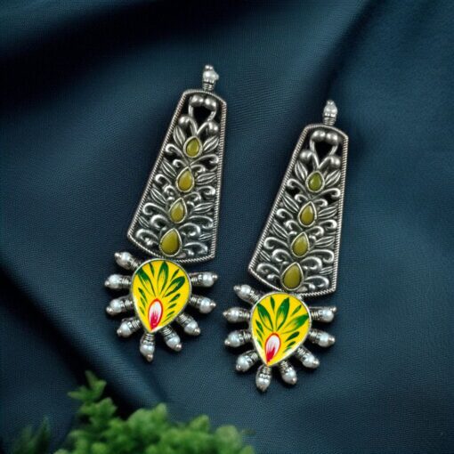 Jaipuri Hand-Painted Floral Earrings with Silver Look and Pearl