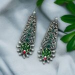 Jaipuri Unique Floral Art Hand-Painted Earrings | Silver Look Alike Pearl Jewelry - "Green"