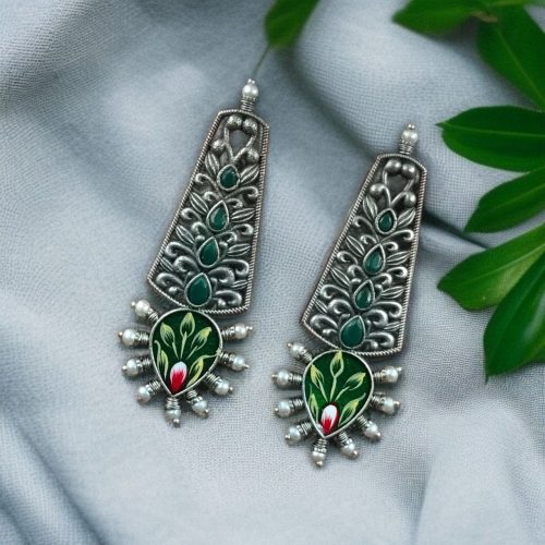 Jaipuri Hand-Painted Floral Earrings with Silver Look and Pearl