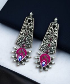 Jaipuri Hand-Painted Floral Earrings with Silver Look and Pearl