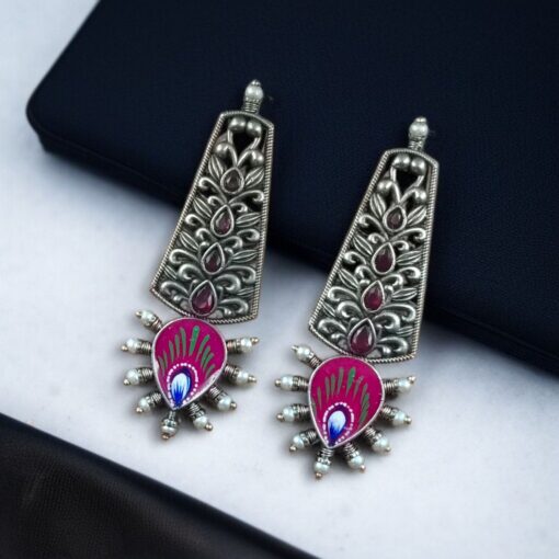 Jaipuri Hand-Painted Floral Earrings with Silver Look and Pearl