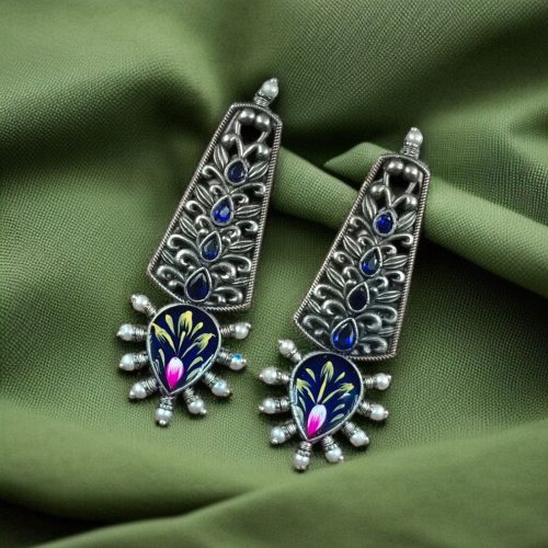 Jaipuri Hand-Painted Floral Earrings with Silver Look and Pearl