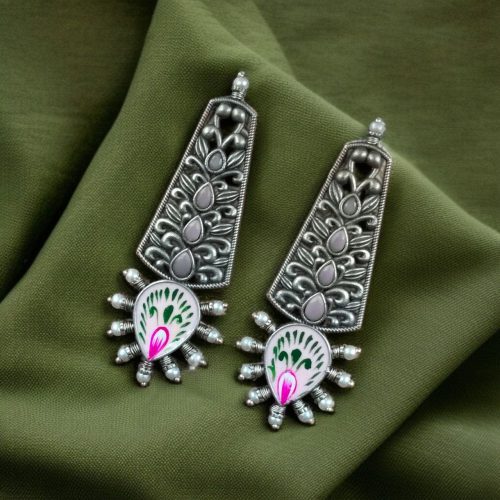 Jaipuri Hand-Painted Floral Earrings with Silver Look and Pearl