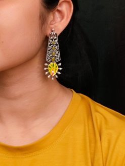 Jaipuri Hand-Painted Earrings with Silver Look and Pearl