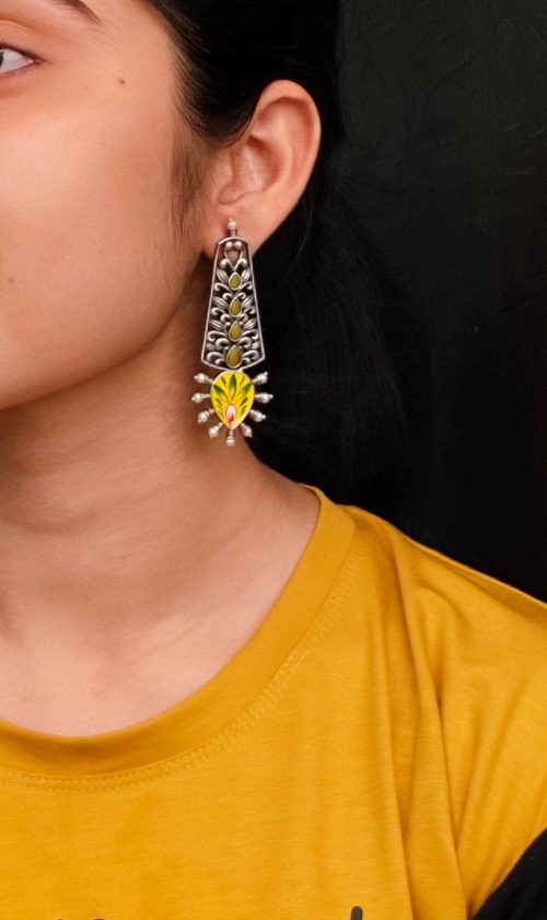 Jaipuri Hand-Painted Earrings with Silver Look and Pearl