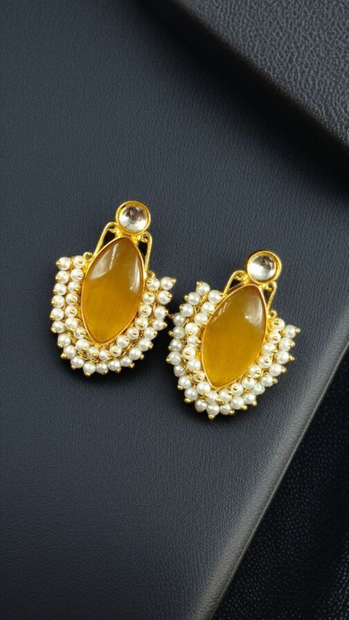 Gold plated Monalisa stone earrings with pearl detail