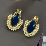 Handcraft Big Monalisa Stone Earrings with Pearl Detail – Gold Plated Western Style - "Blue"