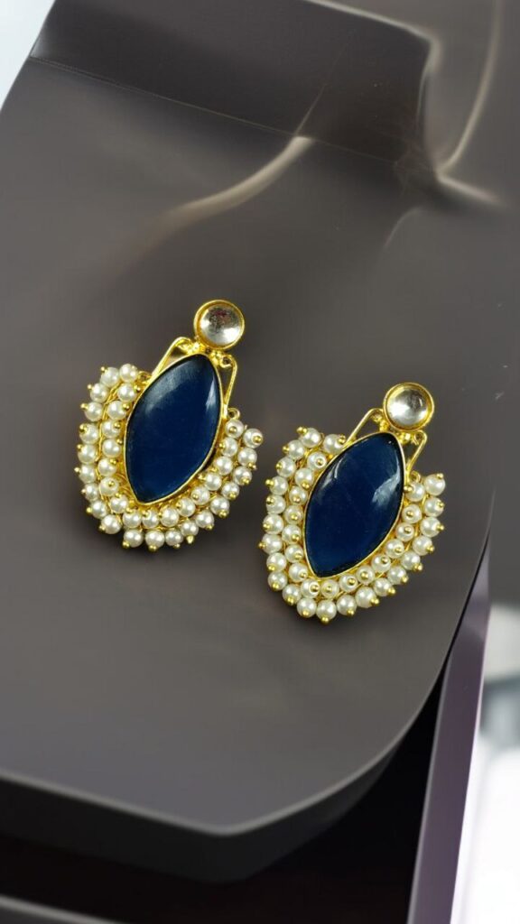 Bulk 1268 Handcraft Big Monalisa Stone Earrings with Pearl Detail – Gold Plated Western Style - "Blue"