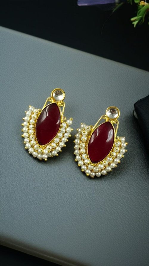 Gold plated Monalisa stone earrings with pearl detail
