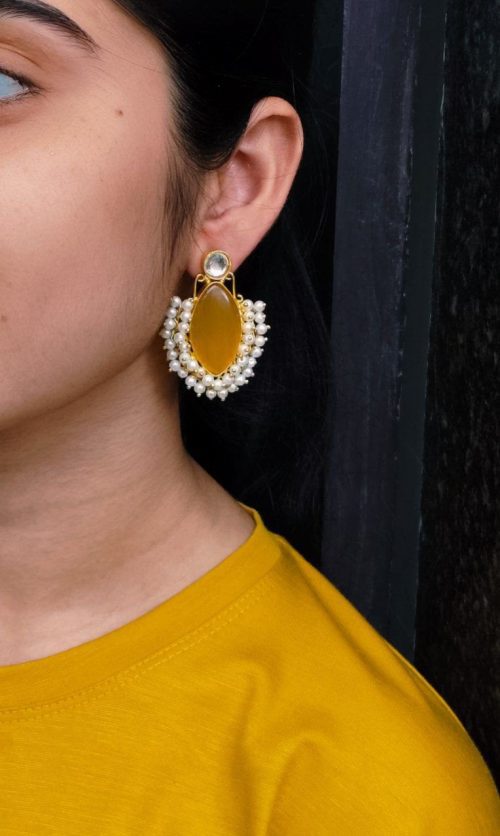 Gold plated Monalisa stone earrings with pearl detail