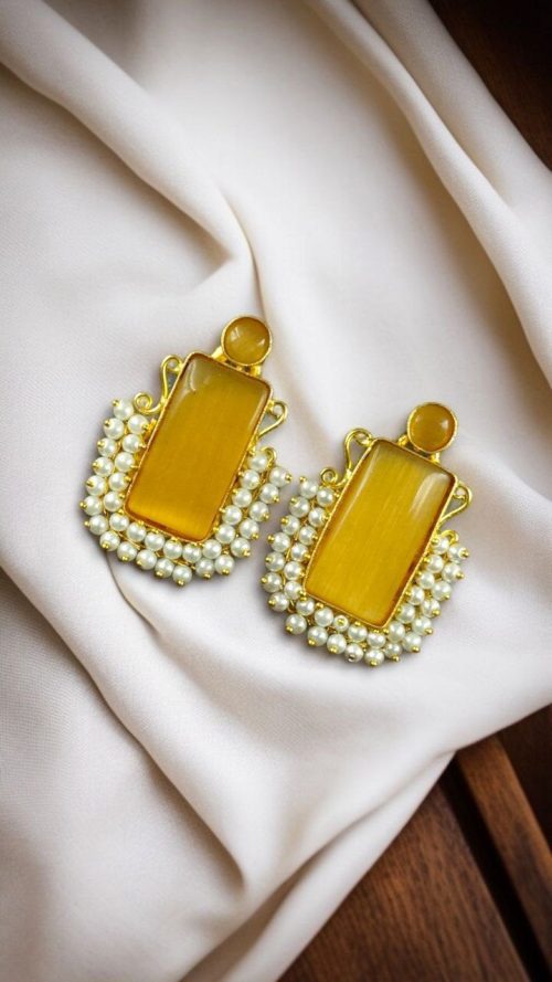 Gold plated geometric stud earrings with Monalisa stone and pearl detailing