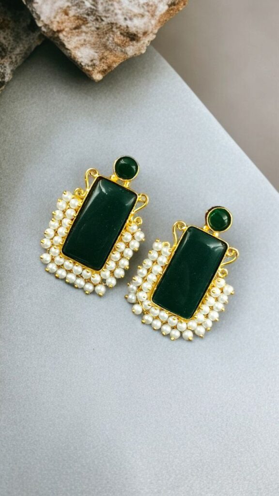 Bulk 1258 Gold Plated Geometric Stone Stud Earrings with Beautiful Pearl Detailing | Best Gift For Her - "Green"