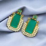 Gold Plated Geometric Stone Stud Earrings with Beautiful Pearl Detailing | Best Gift For Her - "Mint"