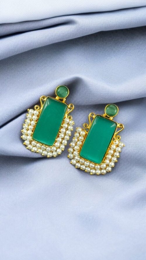 Gold plated geometric stud earrings with Monalisa stone and pearl detailing