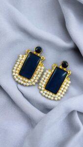 Gold Plated Geometric Stone Stud Earrings with Beautiful Pearl Detailing | Best Gift For Her - color: "Blue"