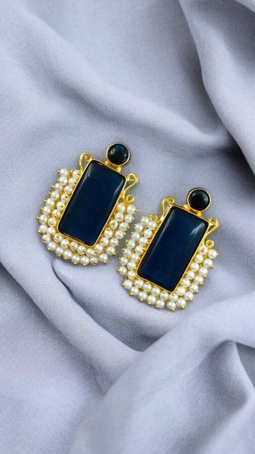 Gold plated geometric stud earrings with Monalisa stone and pearl detailing