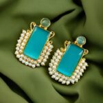 Gold Plated Geometric Stone Stud Earrings with Beautiful Pearl Detailing | Best Gift For Her - "Aqua"