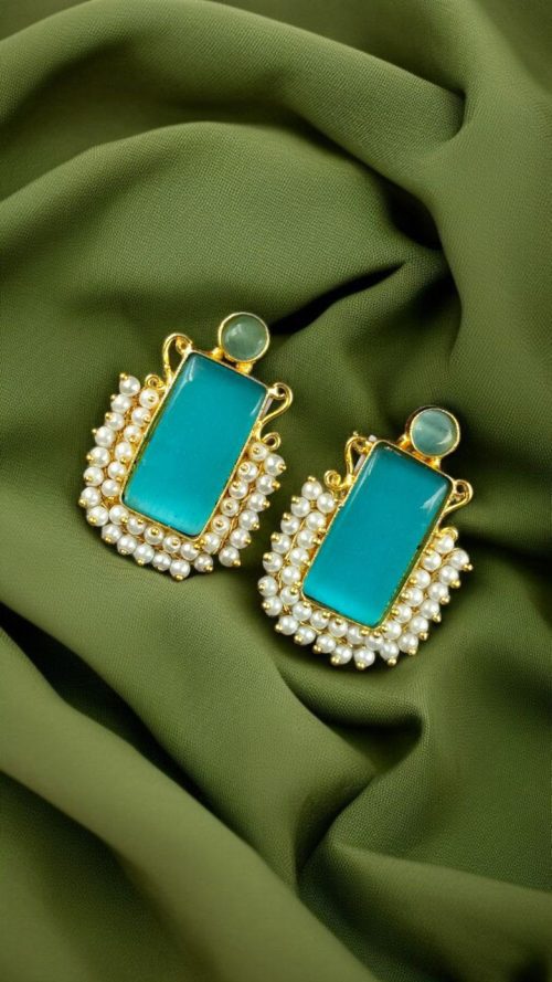 Gold plated geometric stud earrings with Monalisa stone and pearl detailing