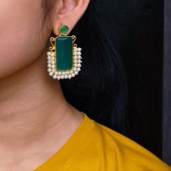 Gold plated geometric stone stud earrings with Monalisa stone and pearl detailing