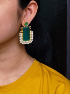 Gold plated geometric stone stud earrings with Monalisa stone and pearl detailing
