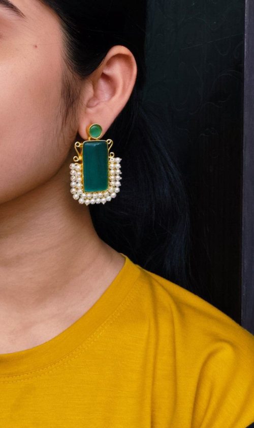 Gold plated geometric stone stud earrings with Monalisa stone and pearl detailing
