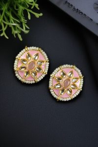 Best Ethnic Meenakari Short Earrings with Stone and Pearl Detailing for Daily Wear - color: "Baby Pink"